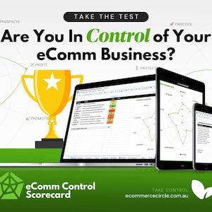May include: A green and yellow graphic with the text "Are You In Control of Your eComm Business?" and a gold trophy with a star on top. The graphic also includes a laptop, tablet, and smartphone displaying a radar chart with the text "eComm Control Scorecard".