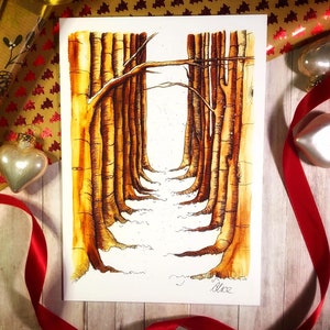 Watercolour Snow Woodland Christmas Card. Greetings Card. A5 Card. Blank Card. Watercolour. Trees.