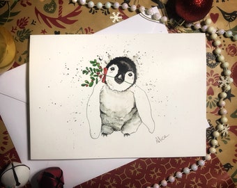 Pip The Penguine Christmas Card. Chrismas Card. Seasonal Card. Animal Card. Watercolour Card.