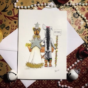 Krippe Freunde Card saisonale Card Art Card Aquarell Card Grüße Weihnachtskarte.