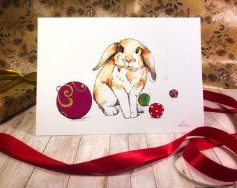 Bauble Bunny Christmas Card. Rabbit Card. A5 Card. Watercolour Card. Art Card. Greetings Card