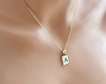 Mother of Pearl Initial Necklace Gold Letter Necklace Initial Tag Necklace Custom Name Necklace Custome Jewelry Personalized Necklace gift