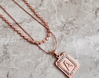 Rose Gold Initial Tag Necklace Layered Rose Gold Chain Necklace Name Necklace Letter Necklace Personalized Jewelry Initial Necklace