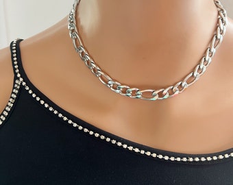 Silver Chain Choker Necklace,silver curb chain choker,rhodium plated chain necklace,flat curb chain choker,bold chain choker,simple necklace