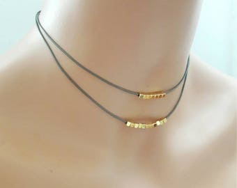 gold beaded choker necklace,khaki leather choker,layered choker,dainty choker,beaded necklace,double choker, two strands necklace