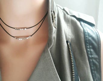 Necklace Leather Beads Choker Necklace Silver Beads Necklace Black Leather Choker Layered Necklace Set For Girlfriend Gift For Mom Necklace