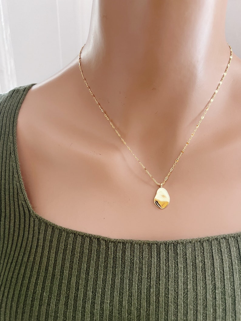 Gold coin necklace,16K gold plated lace chain necklace,hammered coin pendant necklace,gold medallion necklace,gold oval disc necklace image 1