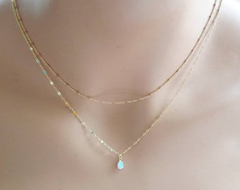 White opal pendant necklace,16K gold plated chain necklace,gold necklace,tiny teardrop pendant necklace,delicate gemstone necklace,gift idea