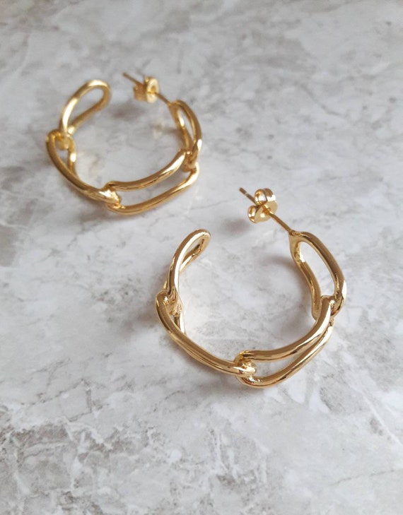 24K Vermeil Gold Hoop Earrings Long Chain Link Hoop Earrings - Etsy