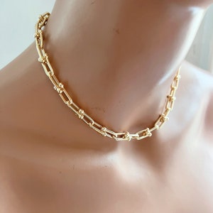 Gold Chain Choker Necklace U Link Gold Chain Necklace Minimalist Necklace 14K Gold Plated Choker Necklace For Women Birthday Gift For Her image 1