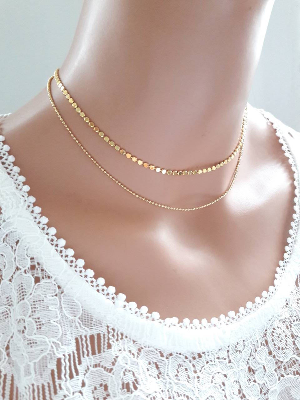 Gold Coin Choker Necklace,24k Gold Plated Chain Choker,dainty Choker,layered  Choker,ball Chain Choker,delicate Gold Necklace,shimmer Choker 