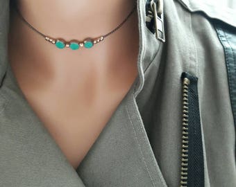 Turquoise beaded choker,czech beads choker,ball chain choker,beaded chain choker,delicate chain choker,dainty choker,antique copper jewelry