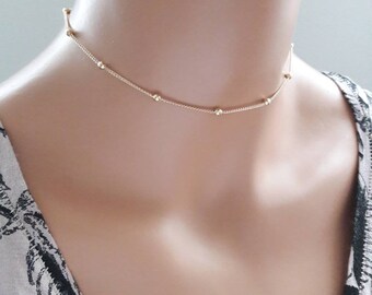 Gold chain choker,16K gold plated satellite chain choker,raindrop beaded choker,delicate chain choker,dew drop choker necklacedainty choker