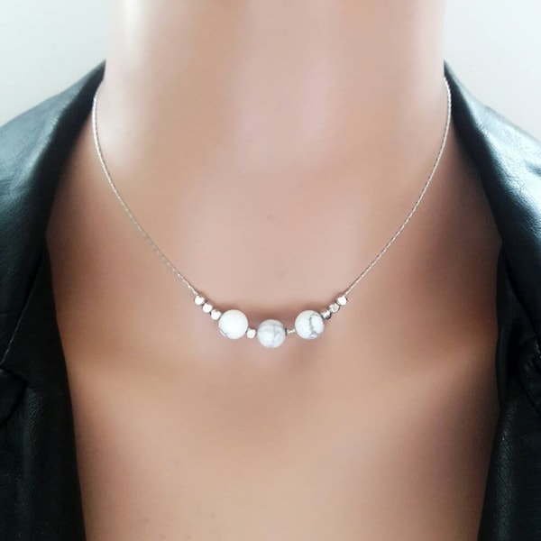 White marble choker necklace,triple stone choker,silver snake chain necklace,delicate beaded chain choker,boho choker,gemstone necklace