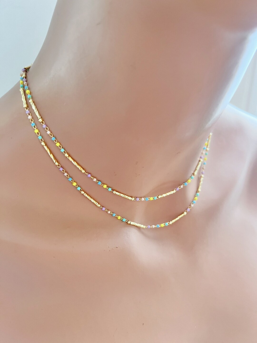 Gold Beaded Chain Necklace 14K Gold Plated Bar Chain Etsy