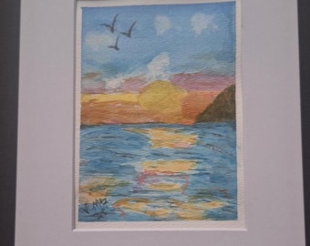 Original Watercolor Painting, Ocean Sunrise, "A New Day" 5x7, Metallic Accents. Includes 8x10 Mat.