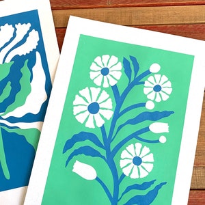 Original-Siebdruck-Blumenillustration A3 Limitierte Serie Blauer Blumenstrauß