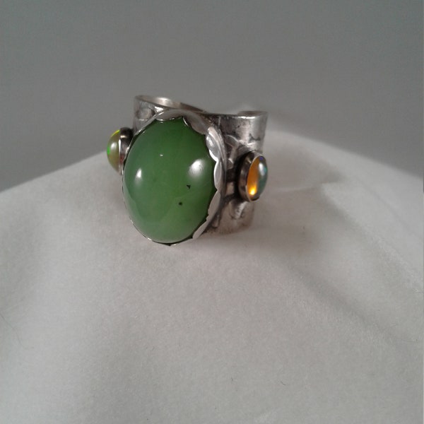 jade and opal ring, jade ring, silver and jade ring, ladies jade ring, green jade ring, opal and jade ring, wide band jade ring, ladies ring