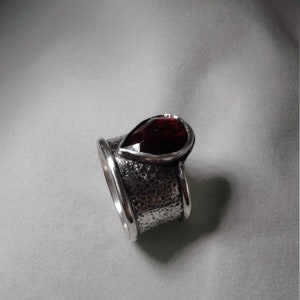 Rose cut garnet, wide band garnet ring, pear shaped garnet ring, silver and garnet ring, rose cut pear shaped garnet ring, red garnet ring