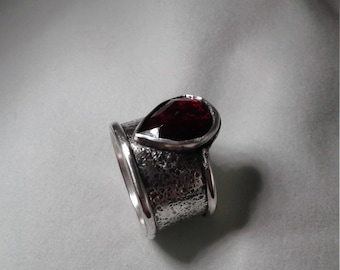 Rose cut garnet, wide band garnet ring, pear shaped garnet ring, silver and garnet ring, rose cut pear shaped garnet ring, red garnet ring