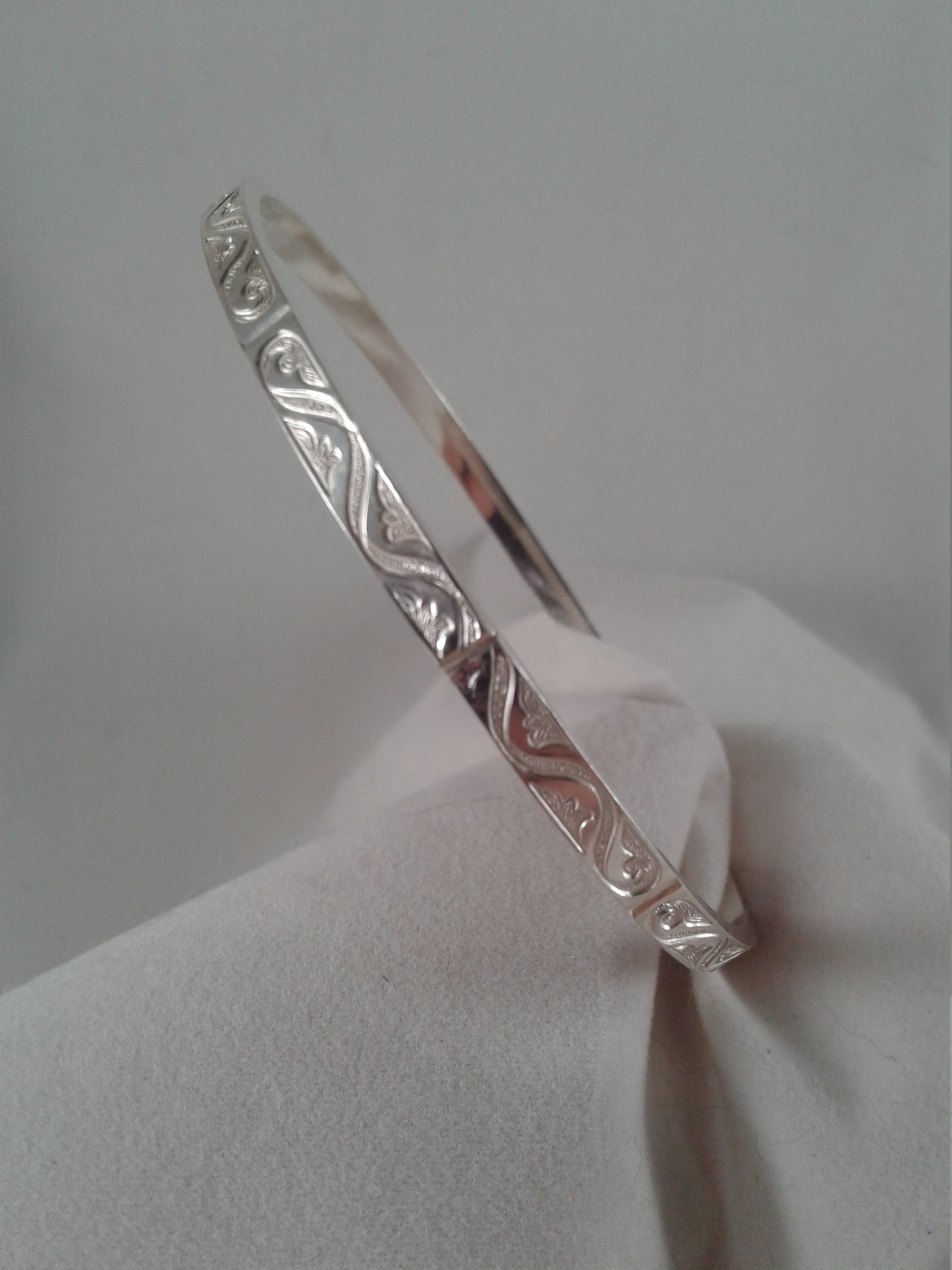 Thick Silver Bangle, Patterned Bangle , Narrow Silver Bangle