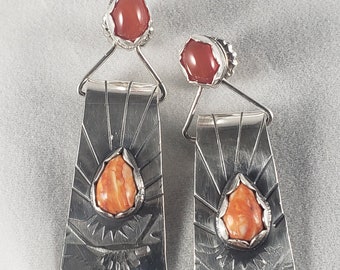 Spiny oyster and silver earrings, silver dangle earrings, Carnelian and spiny oyster earrings, orange earrings, spiny oyster
