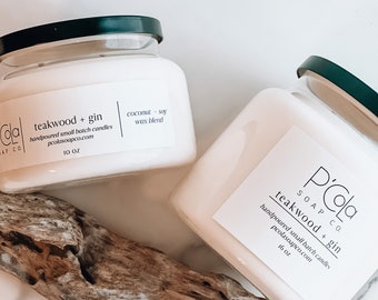 Handmade Candle, 10oz Coconut Soy Blend Candle, Teakwood + Gin Candle, Hand Poured Candle