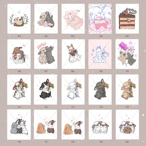 May include: Twenty illustrated cards featuring bunnies in various scenes. The cards depict bunnies with cakes, flowers, and cuddling. Each card is numbered from 01 to 20, with a soft, pastel colour palette. The word "Hype!" is written on one of the cards.