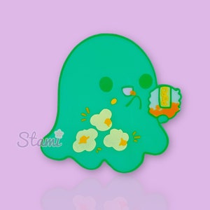 Cute Greedy Ghost Green Popcorn Halloween Enamel Lapel Pin Badge