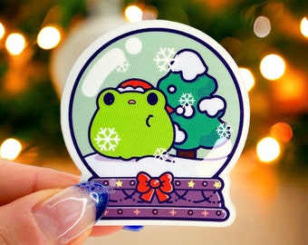 Żaba kula śnieżna Prezent Słodka naklejka winylowa | małe zwierzę Boże Narodzenie Święta Planowanie, kawaii Naklejka, prezenty Boże Narodzenie Artykuły papiernicze