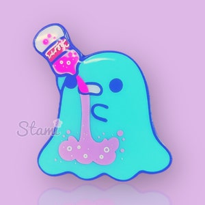 Cute Greedy Ghost Blue Cola Halloween Enamel Lapel Pin Badge