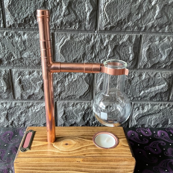 Handmade copper oil burner,  with hidden matches compartment and strike plate, bud vase , oil diffuser , essential oil diffuser Laboratory