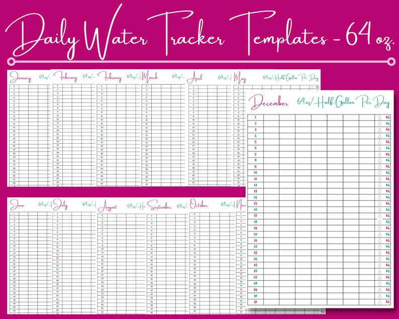 Water Tracker Printable Habit Tracker Daily Monthly Yearly PDF Half ...