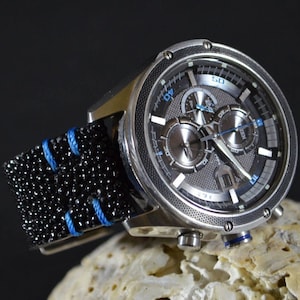 MA watch strap 22 20 18 mm genuine Stingray skin Band Black - Blue fits Breitling Rolex Omega etc