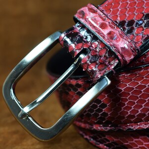 May include: A close-up of a red and black snakeskin belt with a silver buckle. The belt is folded in half, and the buckle is on the left side of the image.