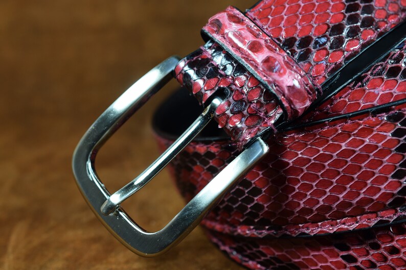 May include: A close-up of a red and black snakeskin belt with a silver buckle. The belt is folded in half, and the buckle is on the left side of the image.