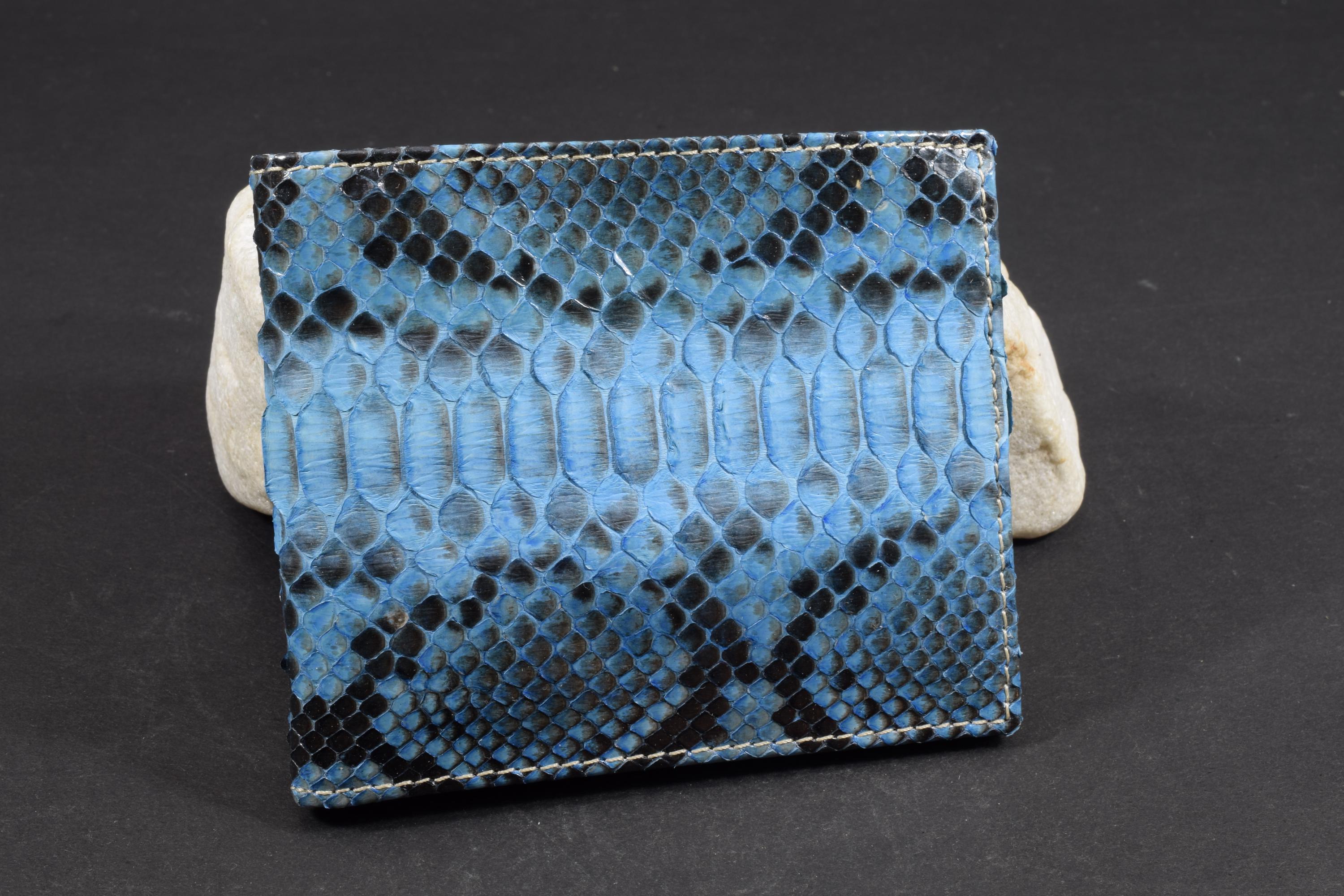 Handmade Shiny Navy Blue Python Skin Bifold Wallet - Firenze 100