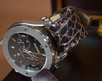 Brown Alligator Watch Strap 22mm 20mm 18mm, round scales, Handmade Leather Band