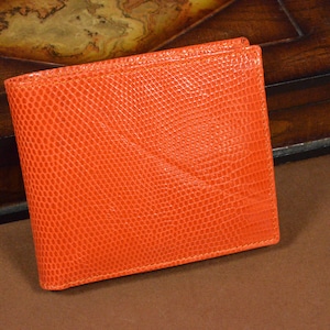 Portafoglio Bifold Uomo con portamonete Vera Lucertola Arancione Lucido Modello Roma 22 Fatto a mano dall'atelier Mansarea - Spagna