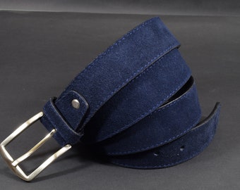 Handmade Blue Nubuck Leather Belt Men, 35mm Calfskin Dress Belt