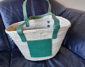 Sac panier vert feuille de palmier Raphia tressé à la main en cuir