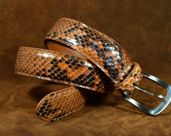 MA Leather Genuine Python Belt men woman 35 mm Honey Brown handmade luxury dress belt gift for him her valentines day