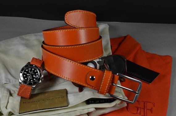 Buy MA Leather Belt Men Orange 35 Mm Handmade Genuine Calf Skin 