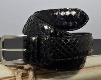 Handmade Black Shiny Genuine Python skin Belt, 35 mm Leather Dress Belt