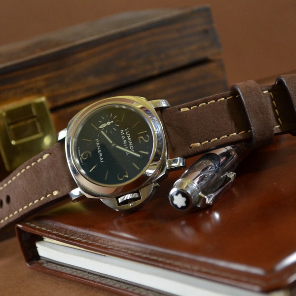 Handmade Brown II Nubuck Leather Watch Strap 22 24 26mm for Panerai etc