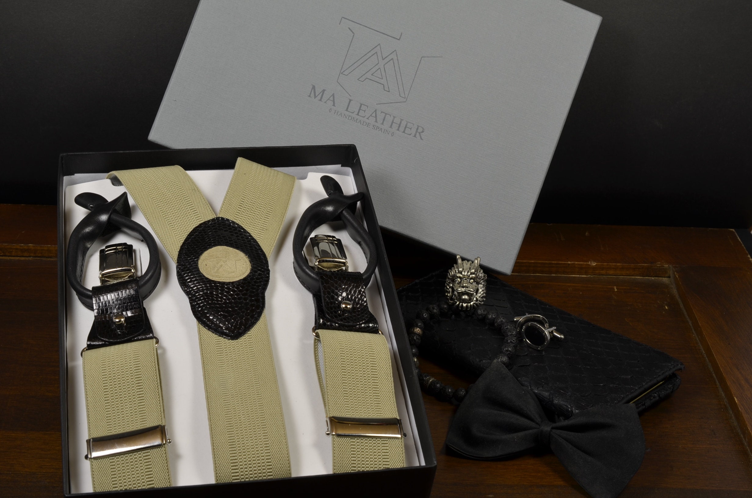 Handcrafted Genuine Lizard Skin Leather Suspenders: Shiny Black, Elastic Clip + Button, T-14