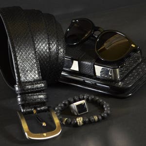 MAレザー 本物のパイソンベルト メンズ レディース 35mm ブラック マット ハンドメイド 高級ドレスベルト 彼へのプレゼント 彼女へのバレンタインデー