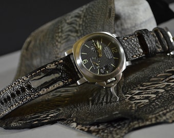 Genuine Ostrich Leg skin Watch Strap 26 24 22 mm, Handmade Black Fantasy Band