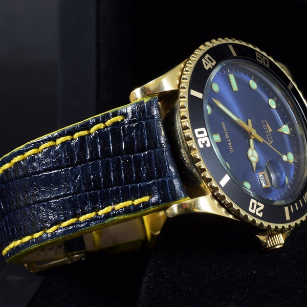 MA watch strap 20 mm Genuine Lizard skin Band Dark Blue / Yellow fits Rolex Omega Tudor Seiko etc