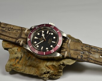 Genuine Alligator skin with Nubuck Finish Watch Strap, Cork Brown Leather, Handmade